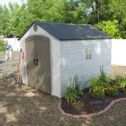 8 feet. Width x 10 feet. D plastic traditional storage shed