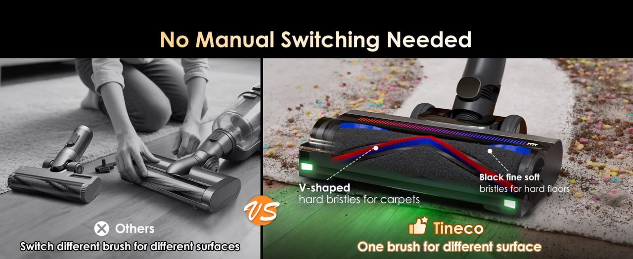 No manual switching needed vacuum brush
