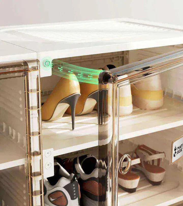 Shoe rack transparent door close up